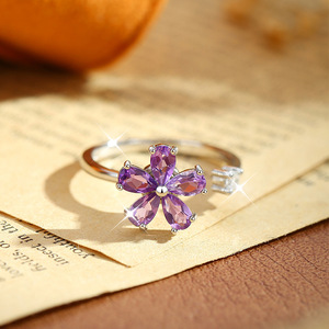 Bague ajustable en argent 925 avec fleur à cinq pétales rotative délicate, pierre naturelle taille poire 3*5mm, bijoux pour femme - Product Image 5