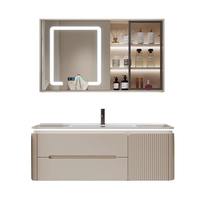 Meja Rias Persegi Panjang Pintar yang Dipasang di Dinding dengan Cermin Sensor Pintar LED, Kabinet Kamar Mandi Terintegrasi dengan Wastafel Keramik