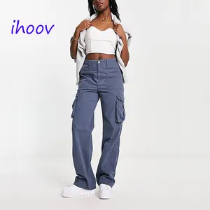 Ihoov אופנה מתאים לנשים מזדמנים צבע מוצק רב כיס מטען pant כיס