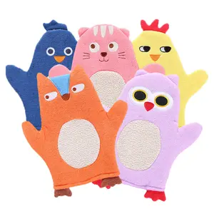 定制毛圈布纯棉可爱动物形状沐浴手套儿童沐浴婴儿淋浴手套，用于皮肤去角质和清洁
