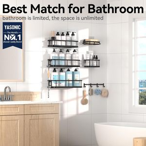 Bathroom Storage Rack Set 3 Tier Wall Mounted Black Metal <b>Shelf</b> For Toilet Bathroom Organizer With <b>Hooks</b> And Soap Tray - Product Image 2