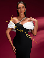 Robe de Soirée Maxi Élégante Blanche à Épaules et Bandeau Noir Avec Chaîne Diamant de la Boutique Ocstrade pour Femmes en Dropshipping