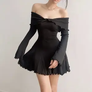RNSHANGER Sexy vestido de corte bajo con hombros descubiertos elegante Flare manga larga Twist Knot Mini vestidos moda Y2K vestido estético de mujer