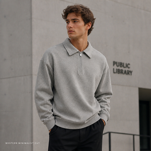 Felpa Polo con Mezza Zip Personalizzabile, 350gsm, Pesante, Stile Retrò, in Misto Cotone Spesso, <span class=keywords><strong>Senza</strong></span> <span class=keywords><strong>Cappuccio</strong></span>, Vendita all'Ingrosso - Product Image 3
