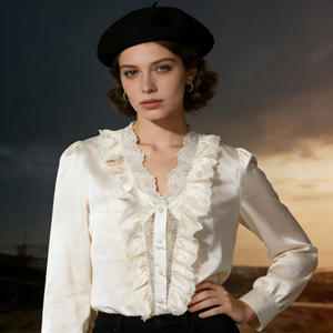 Blusa Elegante con Cuello en V y Volantes de Encaje para Mujer, Manga Larga, Botones de Perla, Estilo Casual para Oficina, Primavera, Verano, Otoño - Product Image 2