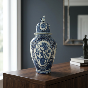 Urne en porcelaine bleue et blanche avec motif floral et décoration de finition animale - Product Image 4