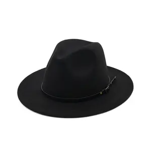 HLC591 Fashion Casual Wide Brim Jazz Hat Winter Simple Flat Top Wide Brim Jazz Hat Panama Vintage Felt Soft Brim Fedora Cap