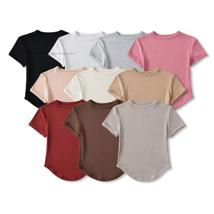 T-shirt court à col rond et ourlet incurvé pour femme, coupe ajustée, côtelé, manches courtes, tendance - Product Image 2
