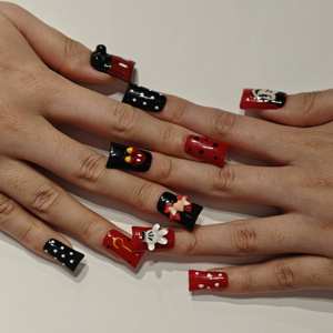 Muhaha – Faux ongles carrés à pression, tendance et de haute qualité, motif <span class=keywords><strong>Mickey</strong></span> rouge, avec clip bec de canard et colle – Matériau PMMA - Product Image 5