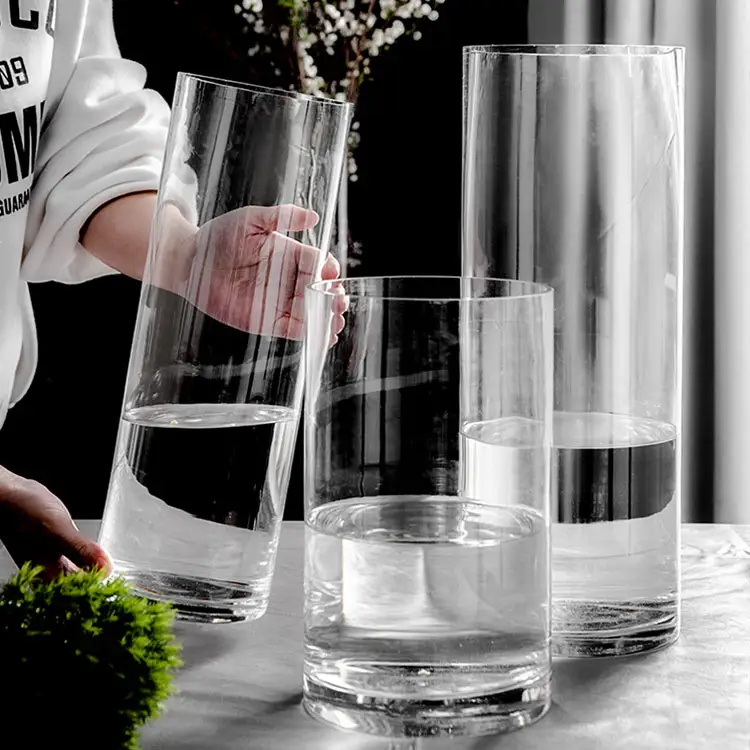 Jarrón de cristal transparente redondo, cilindro elegante de alta calidad, decoración del hogar