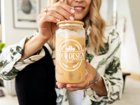 Gelas Kopi Dingin Personal 12oz 16oz 20oz, Gelas Bir Kaca, Tumbler Kaca Borosilikat Custom Motif Bunga dengan Tutup dan Sedotan