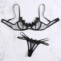 Ensemble de soutien-gorge en dentelle légère et transparente avec anneau en acier pour l'été - Lingerie sexy pour vêtements de nuit féminins