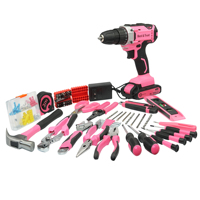 Kit d'outils domestiques rose 140 pièces, perceuse sans fil 21V, outils à main, jeu de douilles, marteau, pinces, tournevis, coffret cadeau DIY