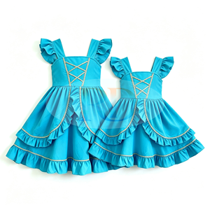 Robe de princesse bleu turquoise <span class=keywords><strong>pour</strong></span> filles, manches bouffantes, bordure dorée croisée, <span class=keywords><strong>jupe</strong></span> à volants superposés, robes décontractées <span class=keywords><strong>pour</strong></span> enfants, robes de fête <span class=keywords><strong>pour</strong></span> enfants - Product Image 6