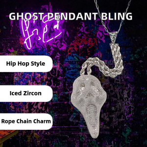 Collar con colgante de fantasma con incrustaciones de circonitas, cadena de cuerda de latón con microincrustaciones, joyería hip hop para Halloween y uso diario - Product Image 2