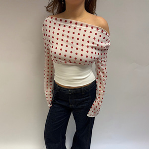<b>One</b> Shoulder Polka Dot Chiffon Crop <b>Top</b> Sheer Long Sleeve Asymmetric Women's Blouse Party Wear - Product Image 2