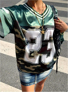 Camiseta de malla verde para mujer talla grande, cuello en V, manga tres cuartos, estampado número 23, estilo casual - Product Image 3