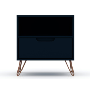 Table de chevet bleu nuit avec tiroir et étagère ouverte pour le rangement dans la chambre - Product Image 1