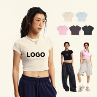 235G haute qualité à manches courtes coton femmes haut court coupe ajustée T-shirt lavé Vintage couleur unie blanc Sexy femmes T-shirts