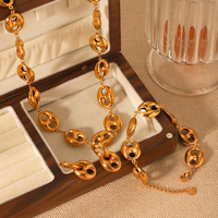 Ensemble de bijoux pour femmes style Ins avec maillons en forme de nez de cochon |   Collier, bracelet et boucles d'oreilles en acier inoxydable plaqué or creux