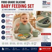 Ensemble de 8 pièces en silicone pour l'alimentation des tout-petits avec logo personnalisé, vaisselle de sevrage pour bébé, assiette à ventouse, bol, bavoir, tasse, ustensiles OEM ODM