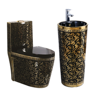Ensemble de toilettes en céramique dorée Royal Design avec lavabo sur pied, utilisation hôtelière, siphon en S, double chasse d'eau, garantie 5 ans