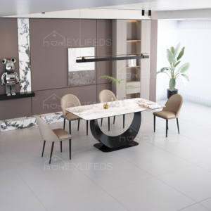 Ensemble de table et de chaises de salle à manger en acier inoxydable avec plateau en marbre moderne et luxueux pour la maison ou la restauration, 6 places, personnalisable - Product Image 2
