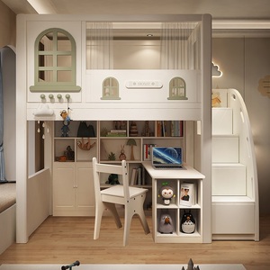 Lit mezzanine moderne JS rose en forme de chat pour enfants avec escalier, armoire de rangement et penderie à 2 portes, garde-corps haut pour chambre de filles - Product Image 3