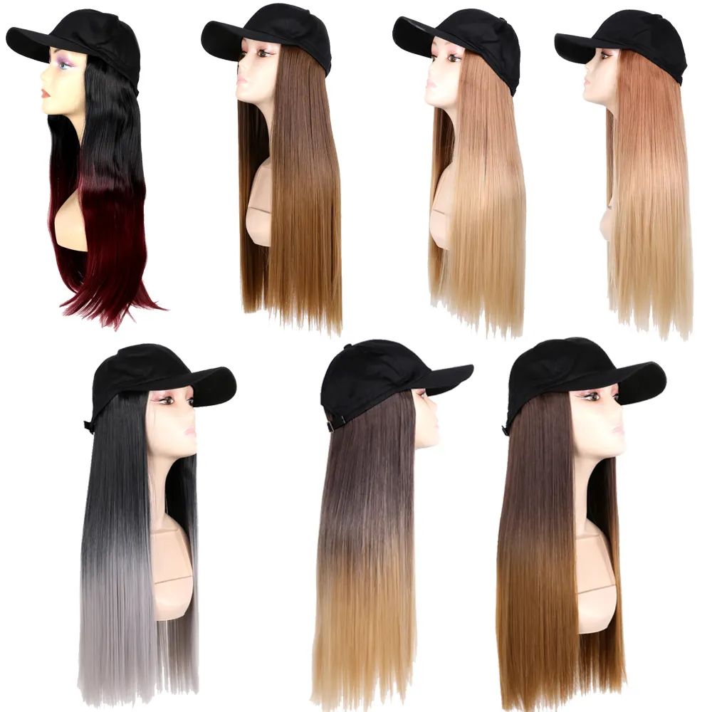 Ombre lange synthetische Baseball mütze Haar perücke für Mädchen natürliche schwarz/braune glatte Haar perücke natürlich verbinden Hut perücken verstellbar