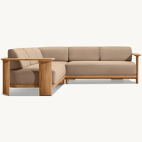 Canapé d'extérieur modulaire RH Dune Teak en forme de L, avec coussins en tissu crème sur structure en teck massif, ensemble de patio moderne