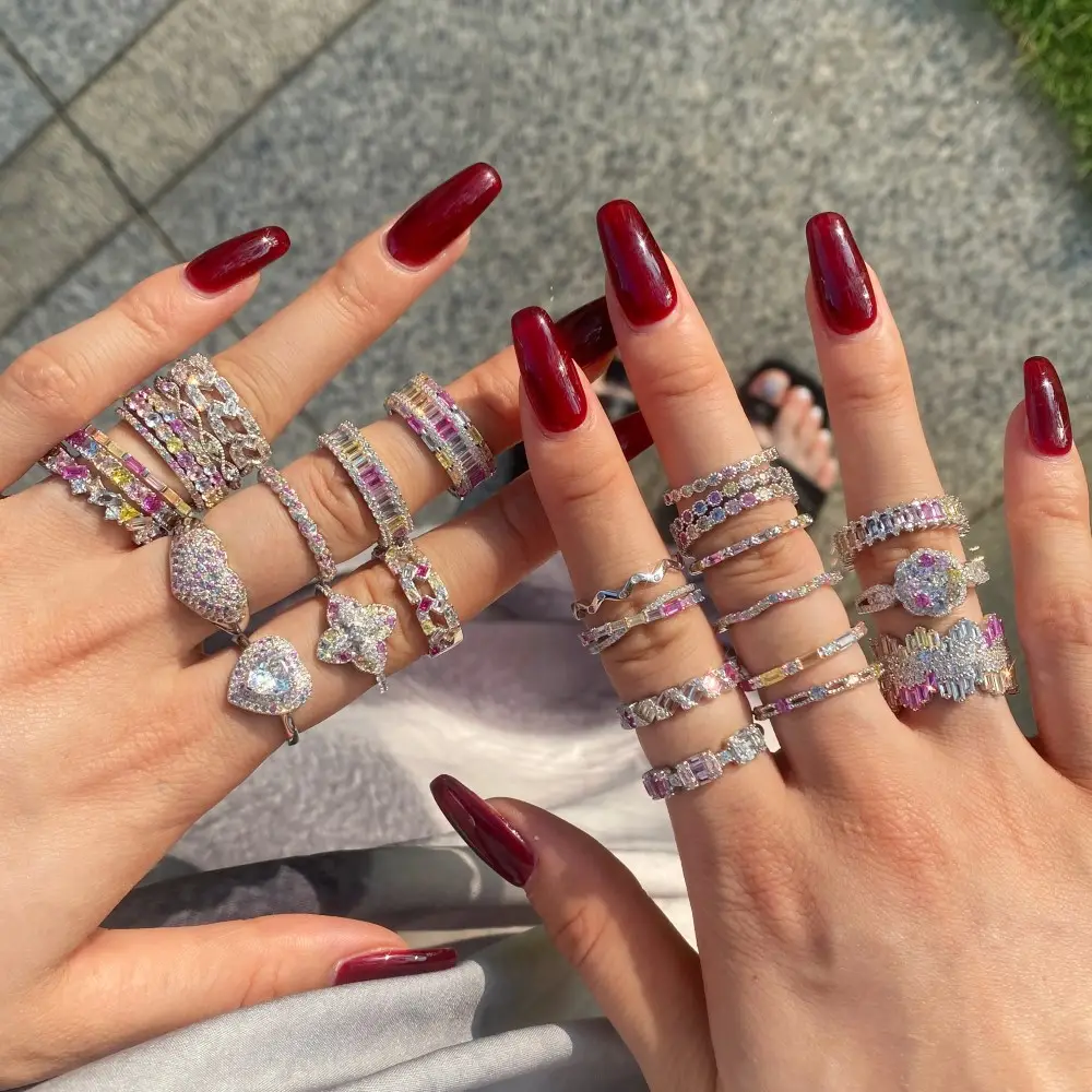 Custom Pink Rainbow Cz Cubic Zirconia Stacking Rings For Women Joyeria 925 Sterling Silver Jewellery Ring Earrings Jewelry Set