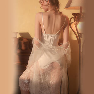 Pakaian Tidur Wanita Seksi Model Victoria Prancis dengan Renda, Transparan, Bahan Sutra Satin Putih, Jubah Mandi GR2222 - Product Image 1