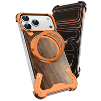 Fundas para Teléfono con Soporte Magnético de 360 Grados y Parte Trasera de Madera para iPhone 17 Pro Max, Marco de Aleación Metálica, Funda Protectora a Prueba de Golpes