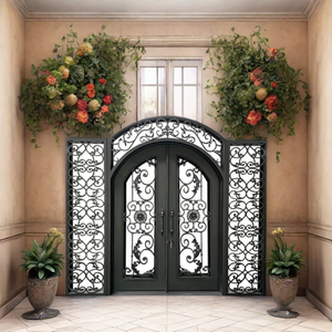 Porta d'Ingresso Doppia <span class=keywords><strong>in</strong></span> Ferro Battuto con Design a Vaso di Fiori e Viti, con Luci Laterali e Traversa, Finitura Effetto Legno - Product Image 5