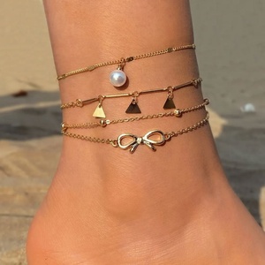Tobilleras ZYO Personalizadas, Impermeables, de Moda Veraniega, Chapadas en Oro, con Perlas, Colgante de Estrella, Doble Capa, Lazo y Borlas - Product Image 1