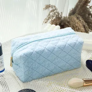 Custom Blue Terry Cloth Cosmetic Makeup Bag Skincare Pouch Bag For Women