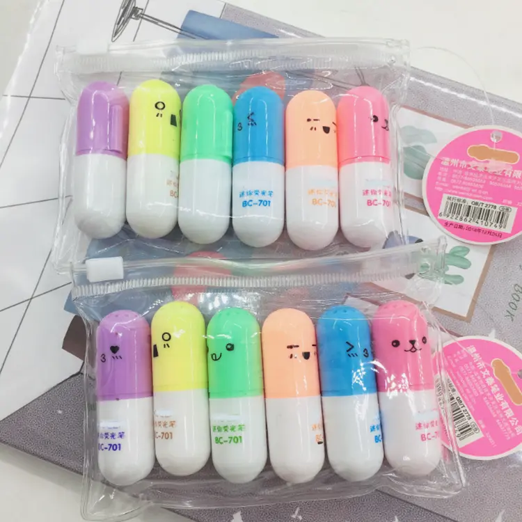 Populaire Mini Markeerstift 6 Kleuren Mini Leuke Capsule Pil Vormige Marker Voor Verkoop