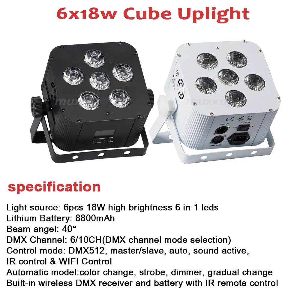 Muxxdj kablosuz DMX kontrollü 6x18w Uplight LED akülü Par ışık düğün Uplights için parti aydınlatması sahne ışık