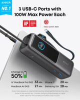 Banque d'alimentation Anker A1695 25000mAh 165W USB C pour ordinateur portable, charge rapide PD 100W, câble rétractable intégré, écran intelligent