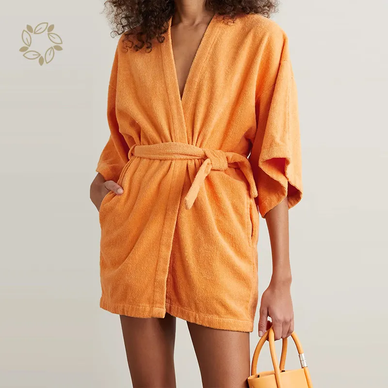 Organic bamboo cotton blend terry robe bamboo kimono robe eco cloth robe dressing gown short sleeve terry cotton bath towel