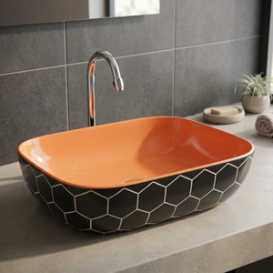 Vasque rectangulaire en céramique artisanale de style moderne ivoire, à poser sur comptoir, pour salle de bain, villa, hôpital - Product Image 1