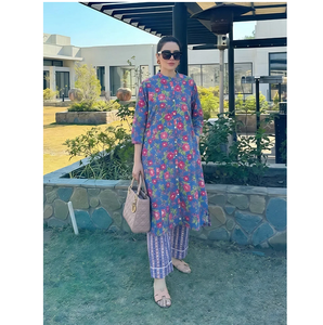 Conjunto de Kurta y Pantalón con Estampado Floral Azul para Mujer, Cierre de Botones, Sin Arrugas, Secado Rápido, Estilo Étnico, Casual, Festivo - Product Image 2