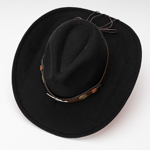 Sombrero Vaquero Occidental de Fieltro Negro en Oferta, Decoración Longhorn, Correa de Cuero Marrón, Unisex, Ala Ancha, para Uso Diario y Fiestas - Product Image 5
