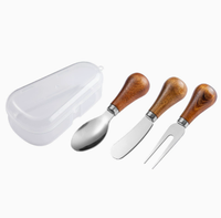 Ensemble de 3 outils à fromage multifonctionnels écologiques en acier inoxydable avec cuillère à fromage, couteau, fourchette avec manche en bois