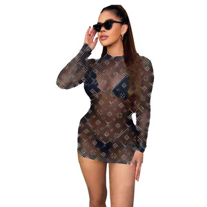 Mode transfrontalière européenne et américaine pour femmes DD6669 Sexy Slim-fit High Elastic Neck Translucent Mesh Perspective Wrong Hip - Product Image 3