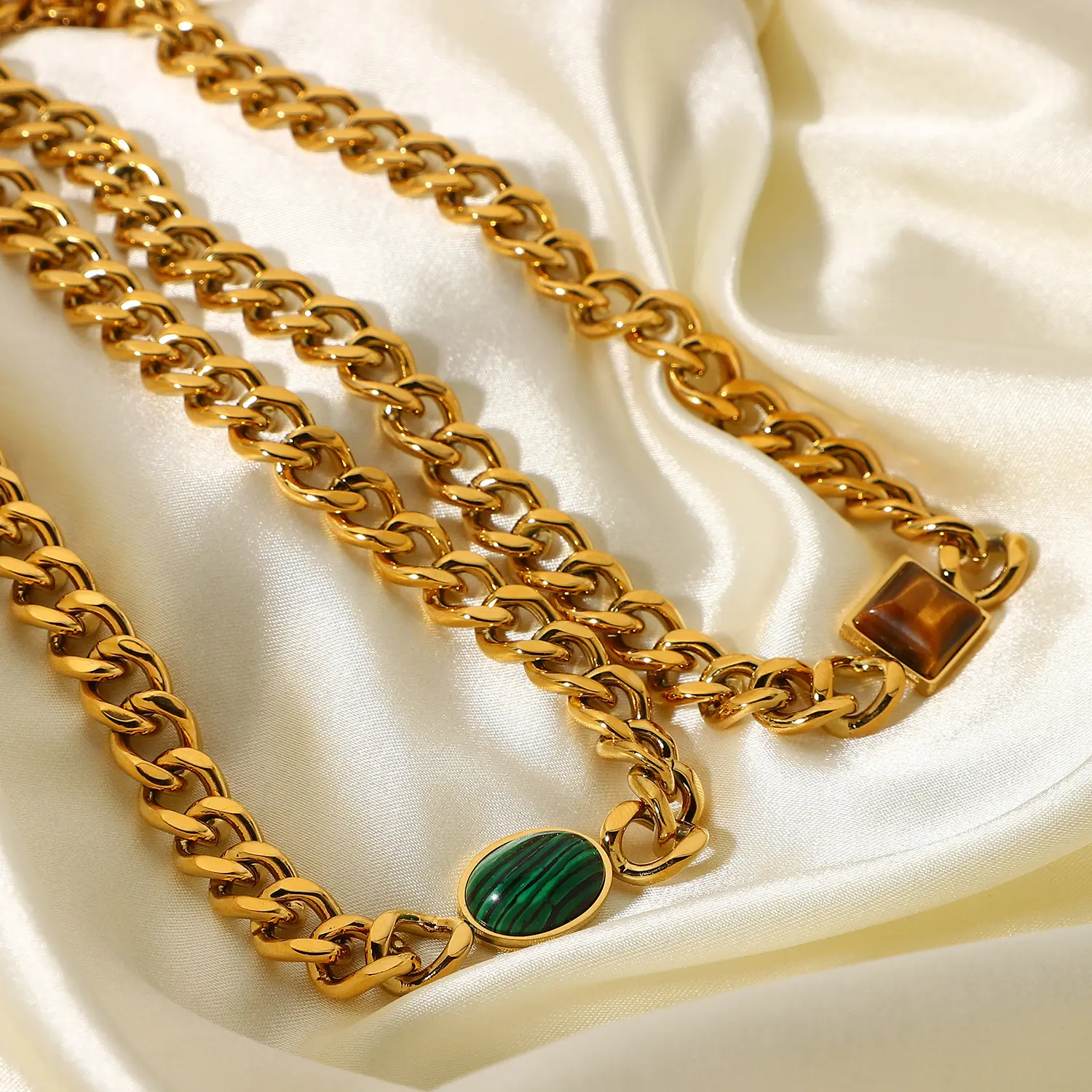 Colar de aço inoxidável, nova colar de luxo de 18k, corrente de ouro, oval, verde, malaquita/olho de tigre, colar de coração para mulheres