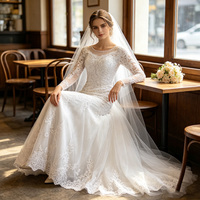 Robe de Mariée Longue à Manches en Dentelle, Forme Trapèze, Robe Nuptiale de Mariage