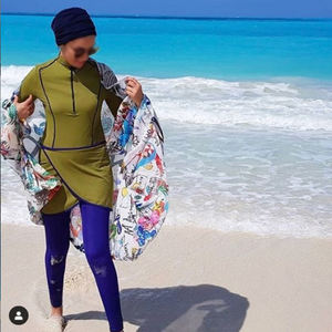 تصنيع مخصص مسلم Burkinis الصلبة خليط الجبهة زيبر طويل كم ملابس السباحة النساء حجاب إسلامي 3 قطعة ملابس السباحة - Product Image 3
