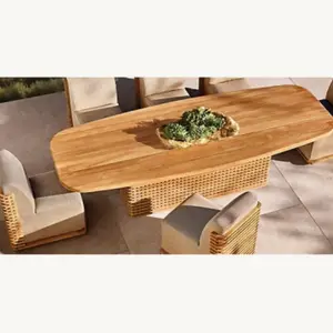 Arden-Conjunto de muebles de lujo para exterior, mesa de comedor con acabado natural de madera maciza de teca para 6 personas