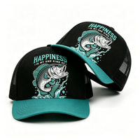 Cappello Trucker Bicolore Nero e Verde con Ricamo 'Happiness Quote' per Pesca e Attività all'Aperto